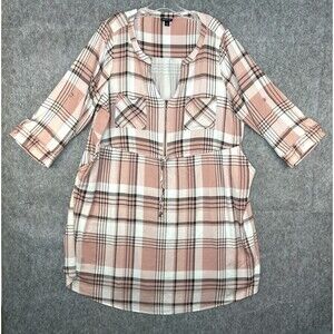 Torrid Plus Size 2X Mini Shirt Dress Challis Zip-Front Pink Plaid Preppy